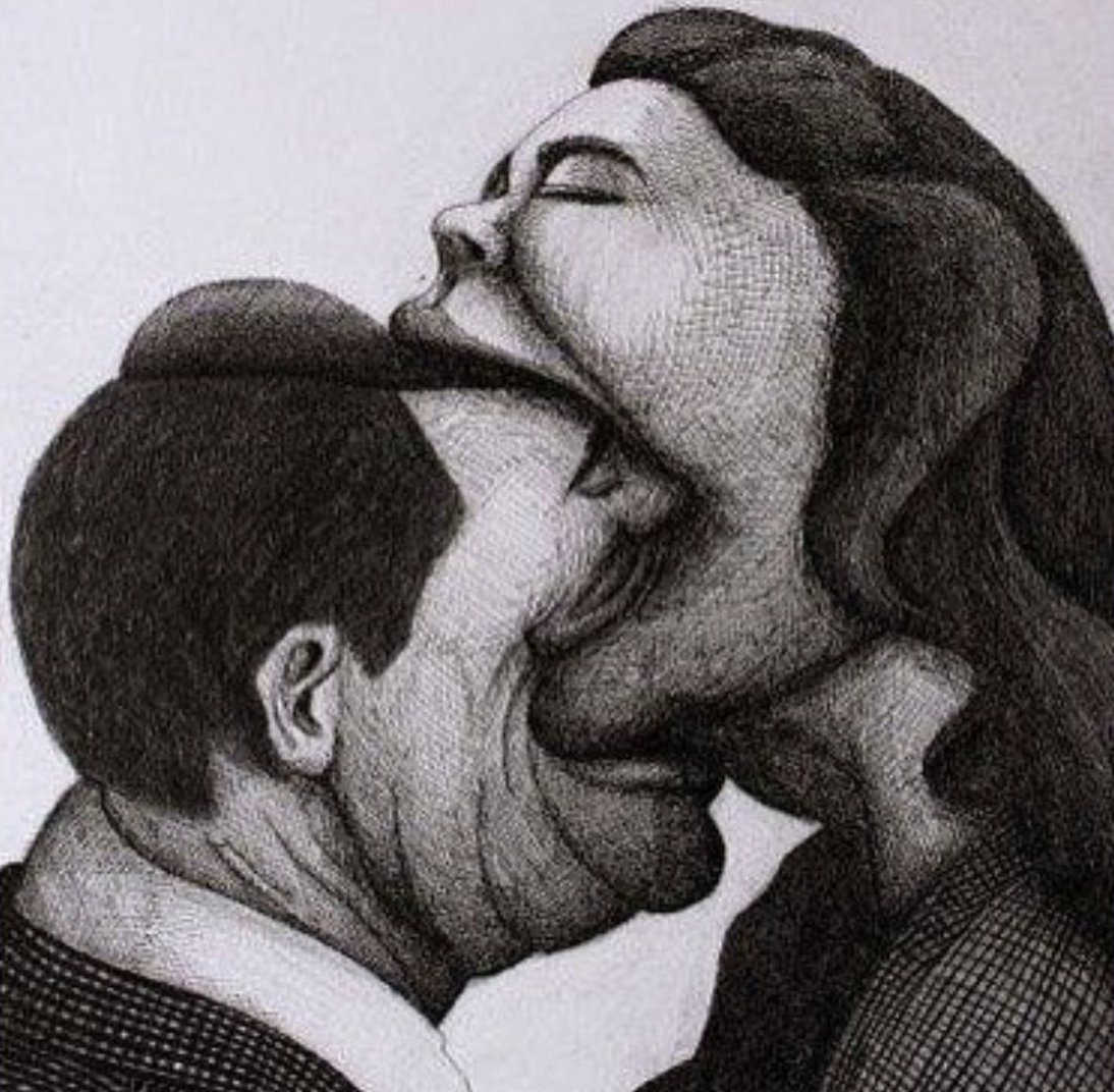 Gravure d'une femme dont le visage s'étire pour engloutir la tête d'un homme