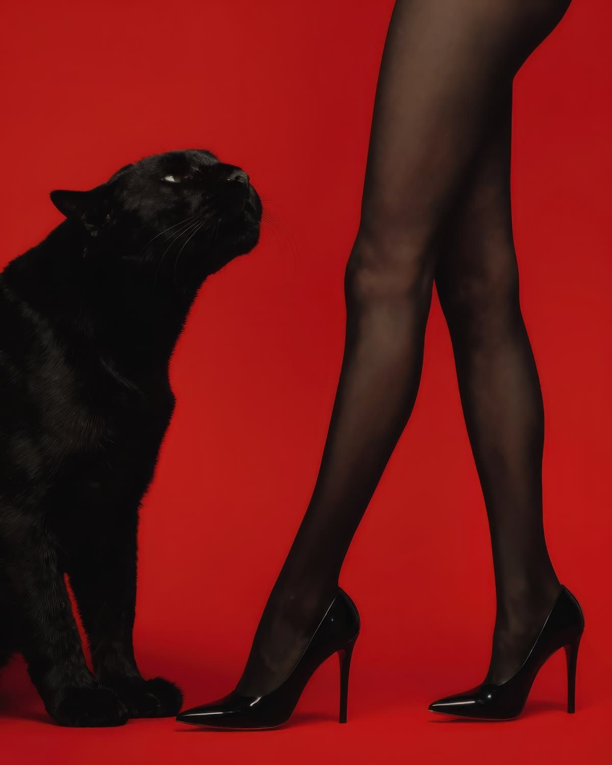 Une panthère noire lève les yeux vers des jambes de femme en collants et escarpins, sur fond rouge